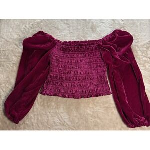 Anthropologie Blouse Top Womens Medium Puffed Sleeve Smocked Velvet Magenta Pink